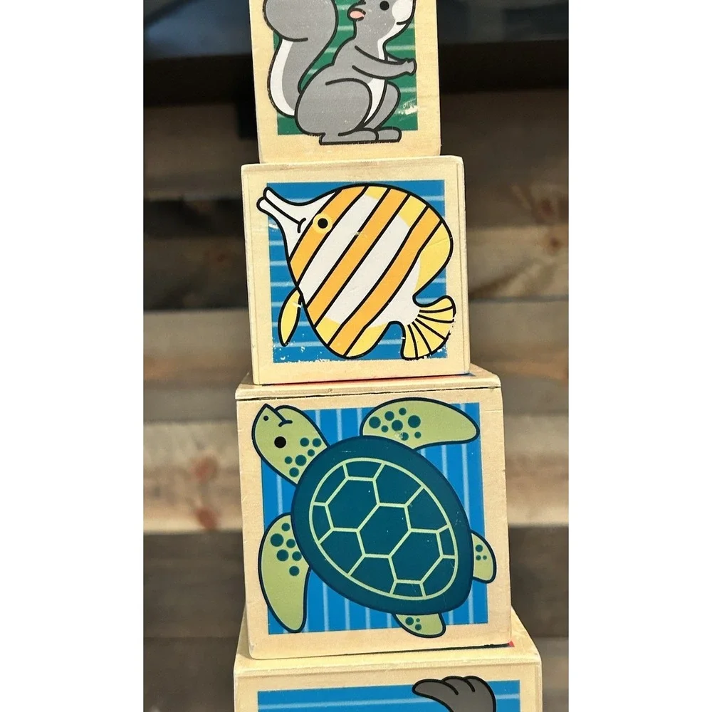 Vintage 7 Stacking TOY Wood BLOCKS‎ RETRO Box Animals 60s Era WHIMSY BABY
